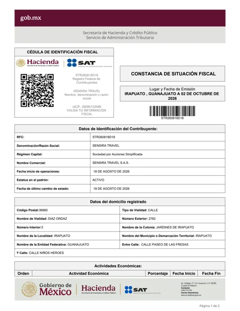 Primera página de la Constancia de Situación Fiscal de Sensira Travel