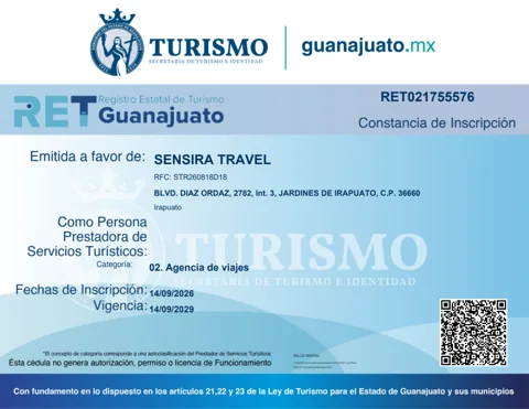 Primera página de la constancia del Registro Estatal de Turismo de Sensira Travel