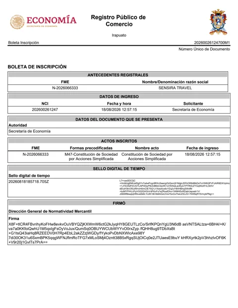 Primera página de la boleta de inscripción de Sensira Travel en el Registro Público de Comercio